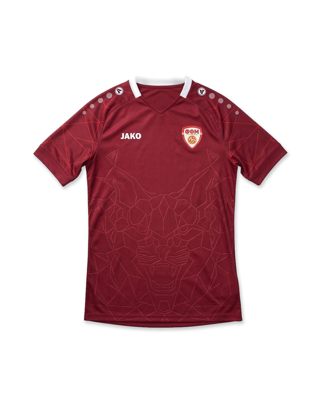 Burgundy Macedonian football shirt with geometric lynx graphic